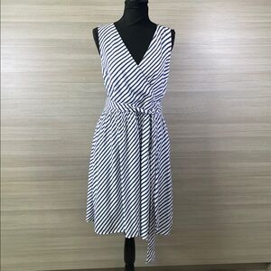 LOFT Navy & White Striped Sleeveless Wrap Midi Dress Pockets Size 10